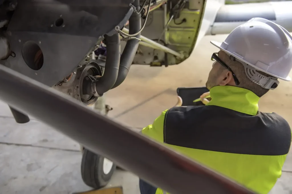 An engineer completing maintenance checks on an aeroplane.