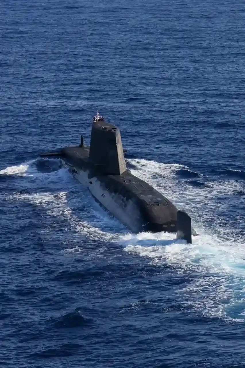 A submarine sailing on the surface of the sea.