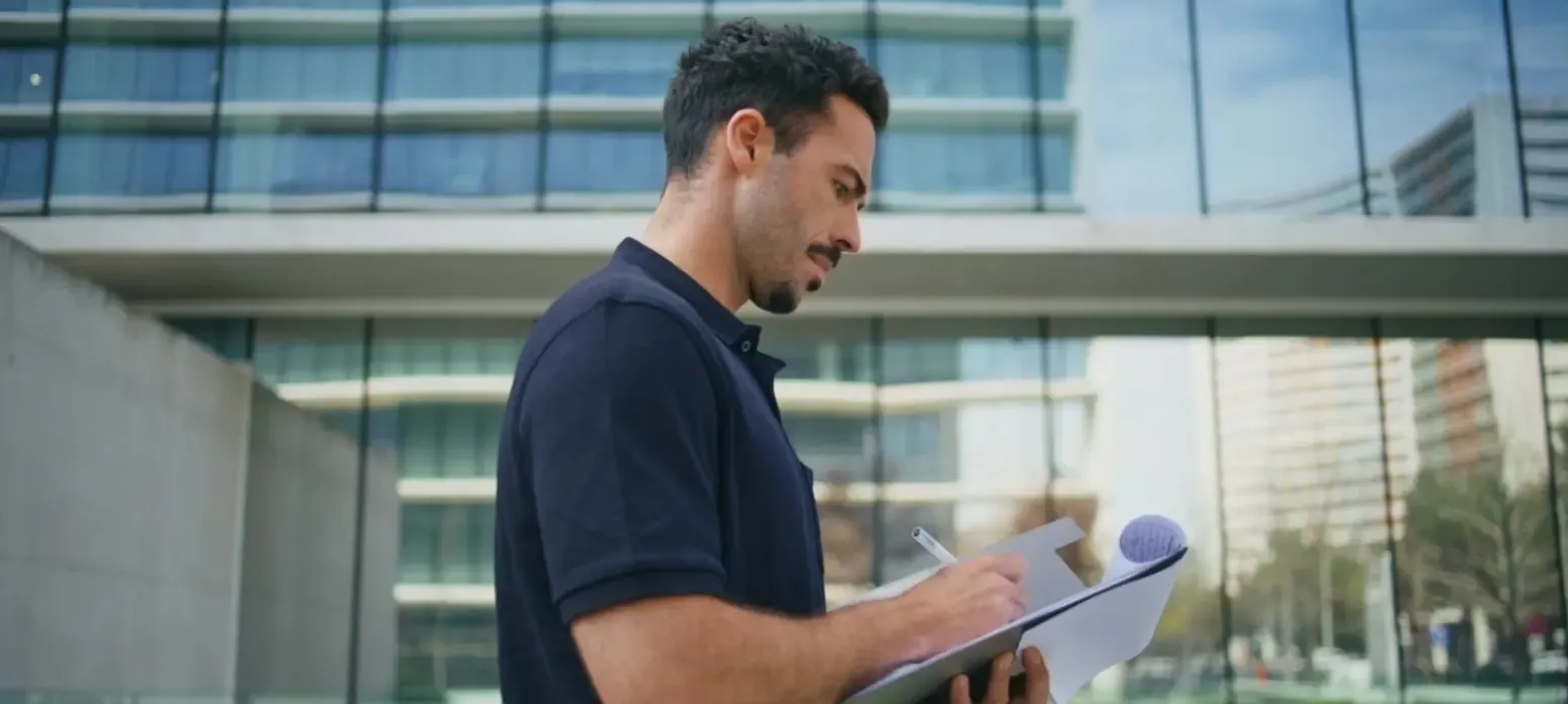 A man stood writing on a clipboard.