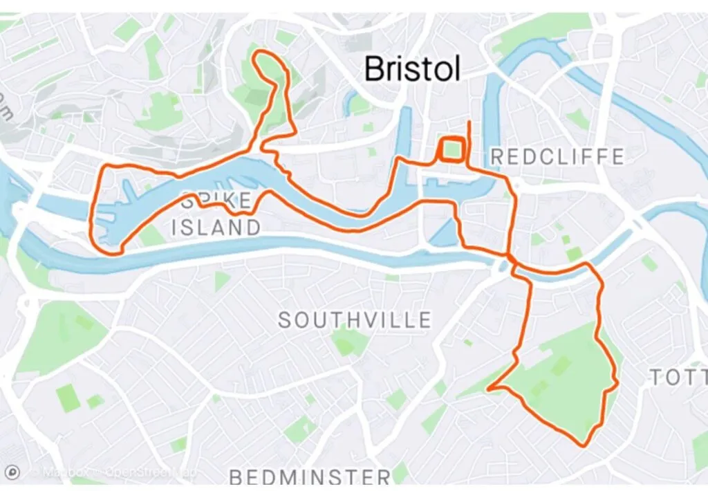 A map of Bristol with a highlighted route on it.