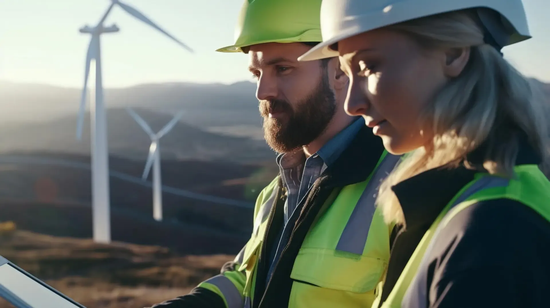 Two engineers wearing hard hards and high vis jackets with wind turbines in the background.